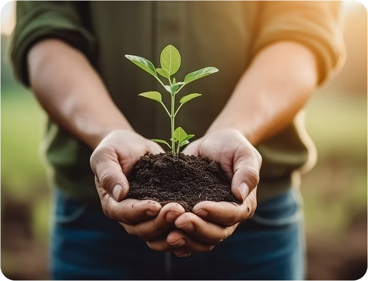 Hands holding a young plant in soil